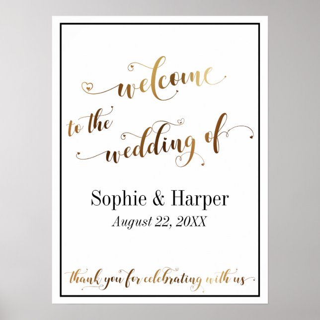 Gold & Black Welcome to Wedding Typography Sign (Front)