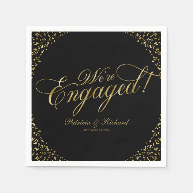 Gold Black We're Engaged Engagement Party Napkin (Front)