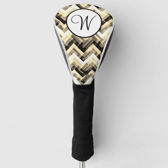 Gold Black White Chevron Textured Monogram Golf Head Cover (Front)
