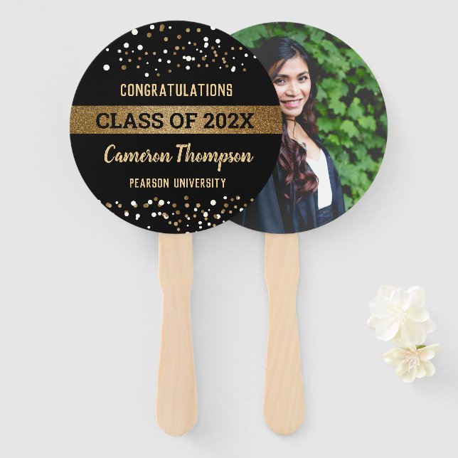 Gold black white confetti Graduation photo Hand Fan (Front and Back)