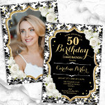 Gold Black White Damask Photo 50th Birthday Invitation<br><div class="desc">Elegant floral feminine 50th birthday invitation with your photo at the back of the card. Glam black white design with faux glitter gold. Features black and white damask pattern, roses, script font and confetti. Perfect for a stylish adult bday celebration party. Personalise with your own details. Can be customised for...</div>