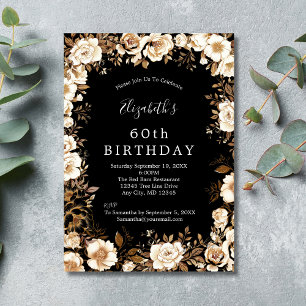 Gold Black White Floral 60th 70th 80th Birthday Invitation