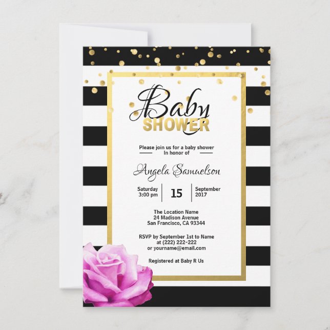 Gold Black White Floral Pink Rose Baby Shower Invitation (Front)