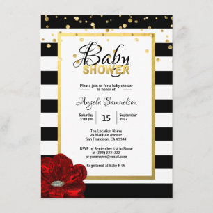 Gold Black White Floral RED Rose Baby Shower Invitation