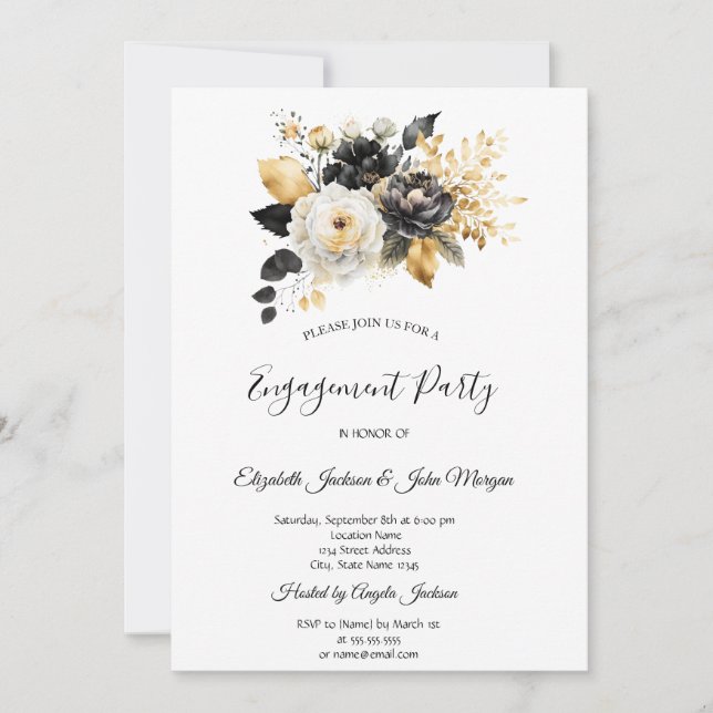 Gold Black White Flowers Engagement  Invitation (Front)