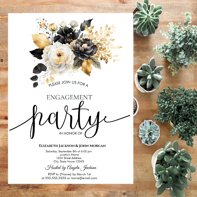Gold Black White Flowers Engagement   Invitation (Creator Uploaded)