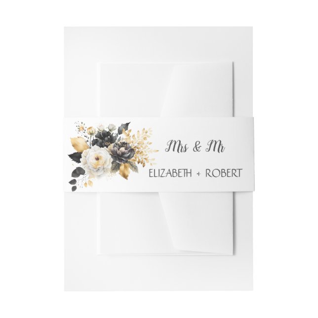 Gold Black White Flowers Invitation Belly Band (Front Example)