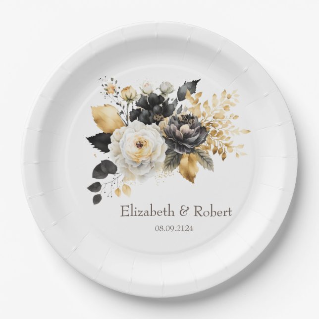 Gold Black White Flowers Paper Plate (Front)