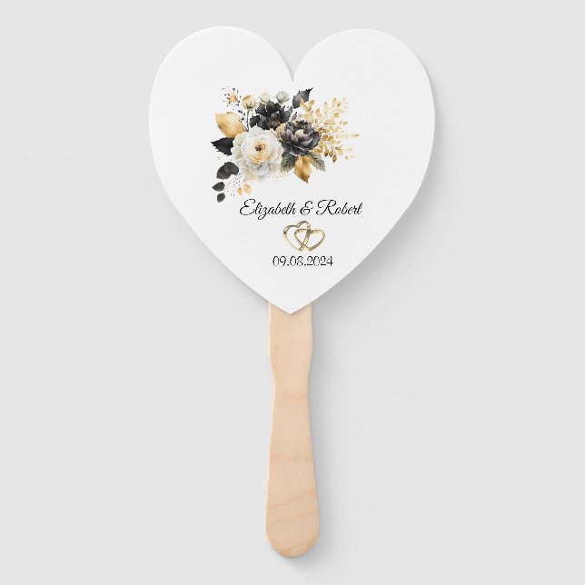Gold Black White Flowers Wedding  Hand Fan (Back)