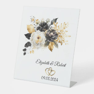 Gold Black White Flowers Wedding Pedestal Sign