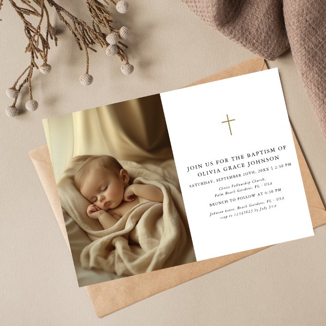 Gold Black & White Gender Neutral Photo Baptism Invitation (Creator Uploaded)