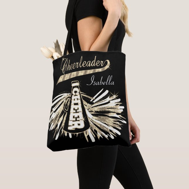 Gold, Black & White Glitter Cheerleader Tote Bag (Close Up)