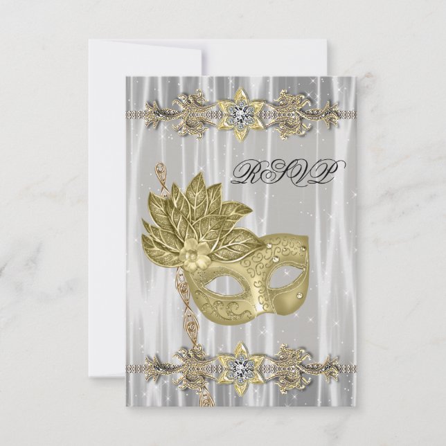 Gold Black White Masquerade Party RSVP Card (Front)