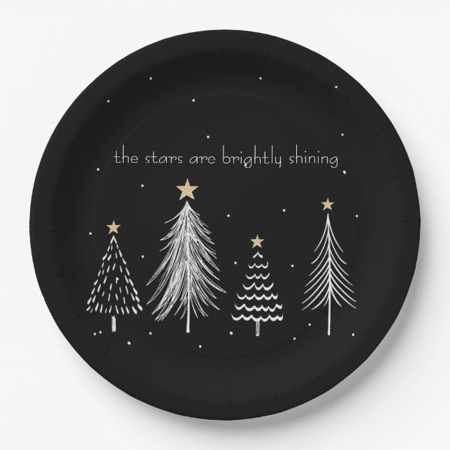 Gold, Black, White Modern Christmas Tree Stars Paper Plate (Front)