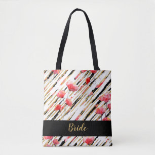 *~* Gold Black White Red Poppy Pattern Tote Bag