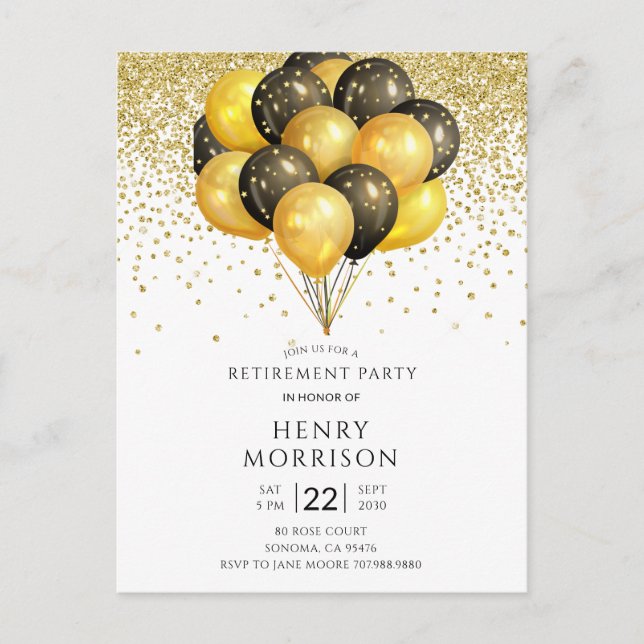 Gold Black White Retirement Invitation Postcard (Front)