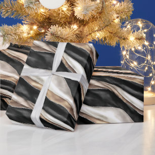 Gold Black White Streaks Christmas Wrapping Paper