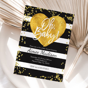 Gold black white striped baby shower invitation