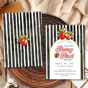 Gold Black White Stripes 1st Birthday Strawberry Invitation