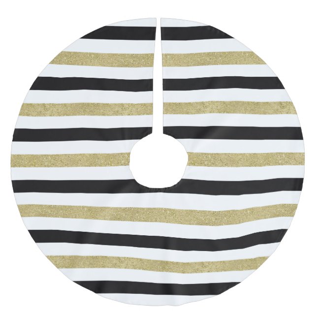 Gold Black White Stripes Christmas Brushed Polyester Tree Skirt (Front)