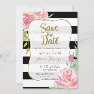 Gold, Black & White Stripes Floral Save the Date