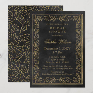 Gold Black Winter Foliage Holiday Bridal Shower Invitation