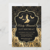 Gold Black Witch and Bat Halloween 21st Birthday
