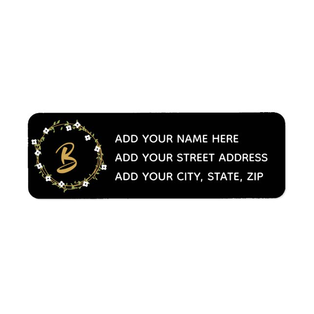 Gold Black Wreath Monogram Return Address Label (Front)