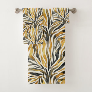 Gold Black Zebra Print Pattern Bath Towel Set