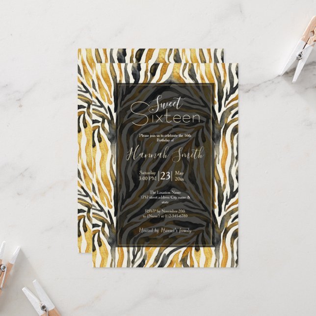 Gold Black Zebra Print Pattern Invitation (Front/Back In Situ)