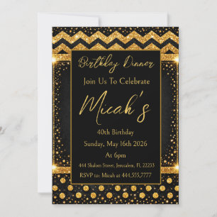 Gold Black Zig zag Lines Confetti Dots Luxury Chic Invitation