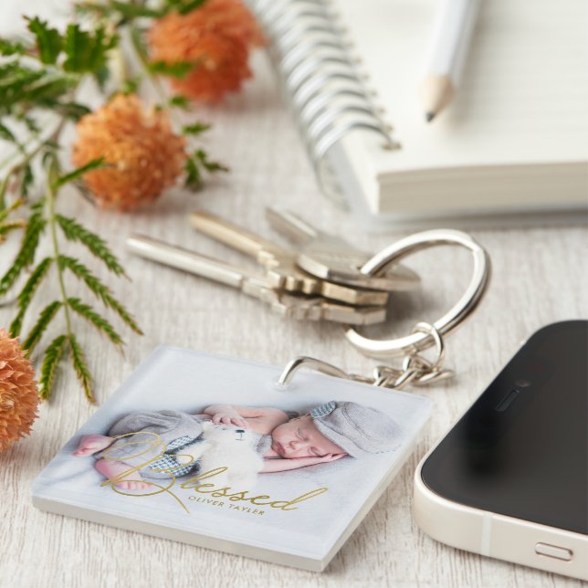 Gold "Blessed" Lettering Custom Photo Key Ring (Front Right)