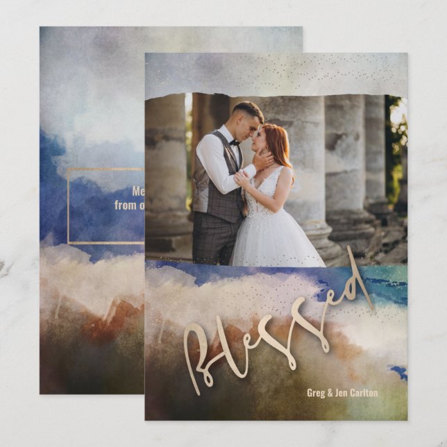 Gold Blessed Watercolor Christmas Photo Holiday Card (Front/Back)