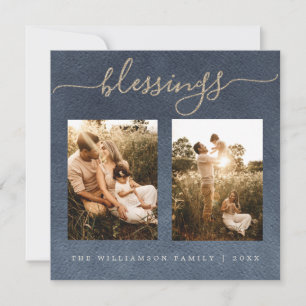 Gold Blessings Dark Blue Christmas Photo Holiday Card