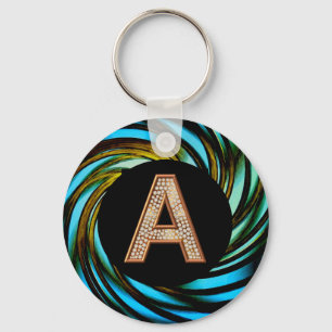 Gold Bling Letter A Teal Swirl Key Ring