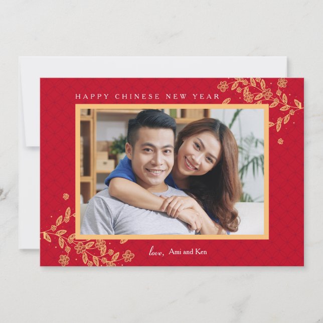 Gold Blossoms Chinese New Year Photo Holiday Card (Front)