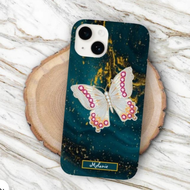  Gold Blue Acrylic Paint Butterfly Monogram  Case-Mate iPhone Case (Creator Uploaded)