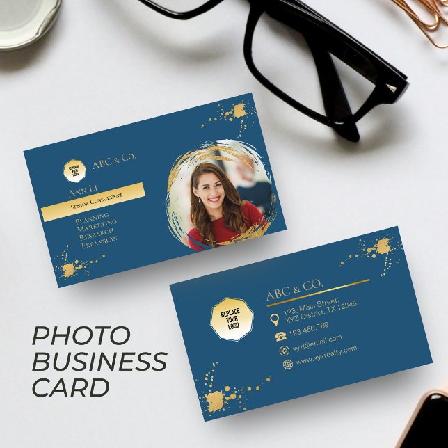 Gold & Blue, Add Photo To Custom Shape Corporate Business Card (Creator Uploaded)