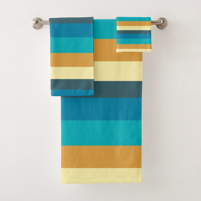 Gold. blue and turquoise stripes bath towel set (Insitu)