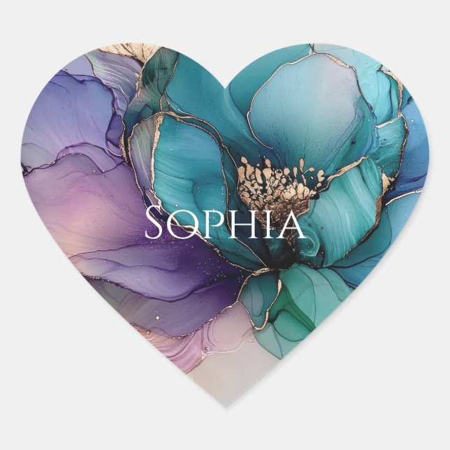 Gold Blue Aqua Purple Flower Bridal Shower Heart Sticker (Front)