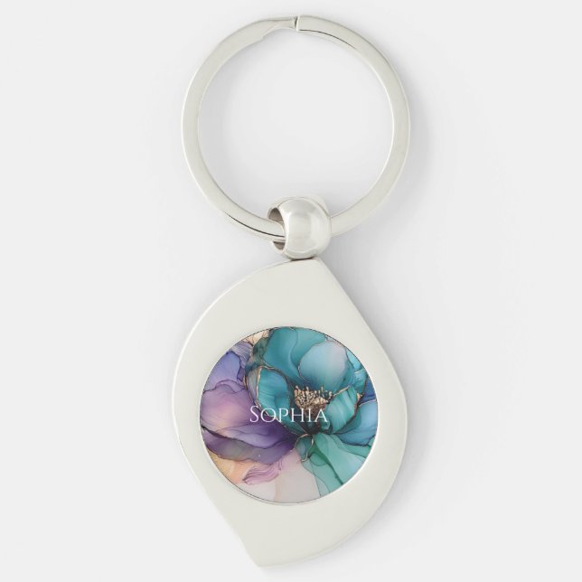 Gold Blue Aqua Purple Flower Bridal Shower Key Ring (Front)