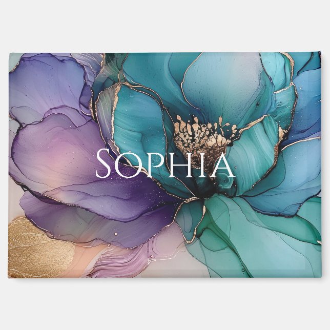 Gold Blue Aqua Purple Flower Bridal Shower Magnet (Front)