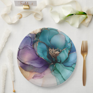 Gold Blue Aqua Purple Flower Bridal Shower Paper Plate
