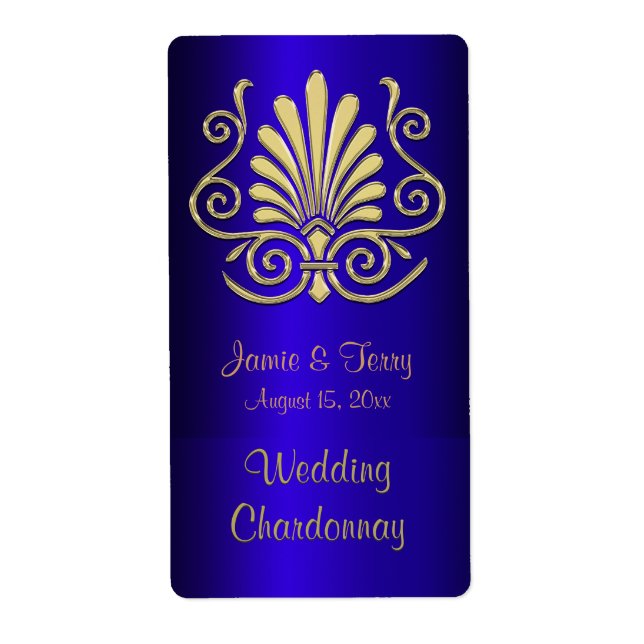 Gold Blue Art Deco Damask Party Wine Label 2 (Front)