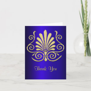 Gold Blue Art Deco Damask Thank You Card