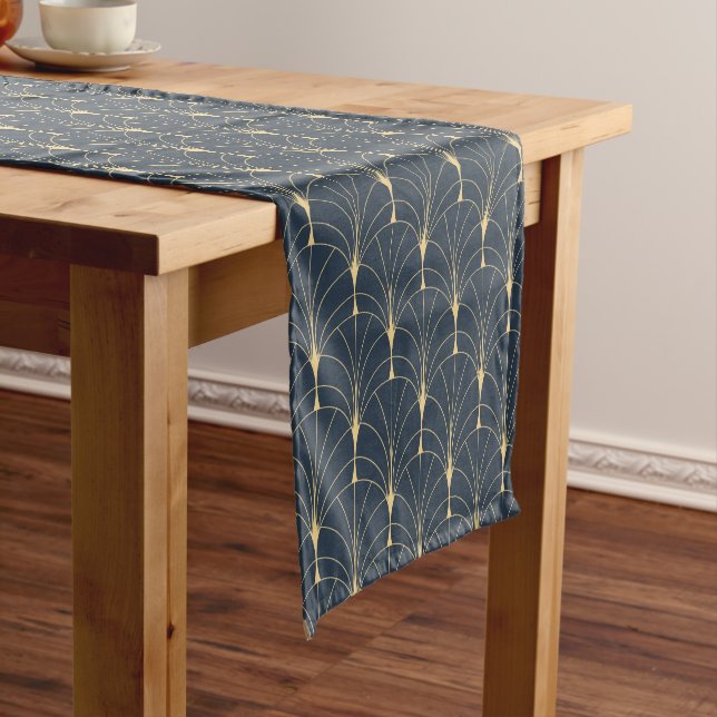 Gold Blue Art Deco Fan Pattern Short Table Runner (In Situ)