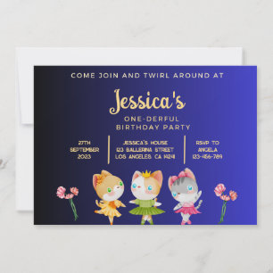 Gold Blue Ballerina Cat Kids Birthday Party Invitation