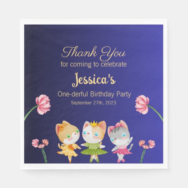 Gold Blue Ballerina Cat Kids Birthday Party Napkin (Front)