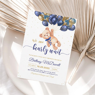 Gold Blue Balloon Teddy Bear Baby Shower Invite