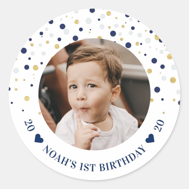 Gold & Blue Balloons | 1st Birthday Party Photo Classic Round Sticker (Front)